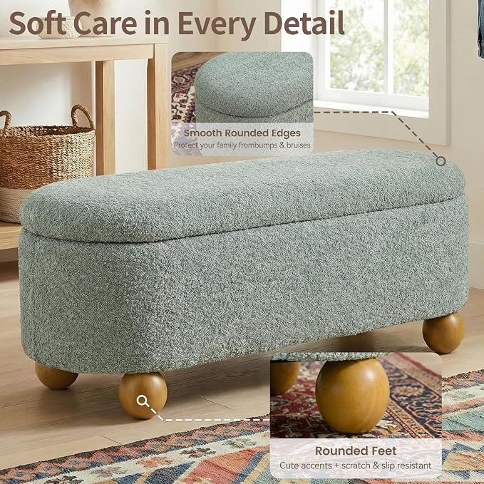 VKNOW 44.8" Storage Ottoman Bench End of Bed Bench with Hinge, Light Green | Cute Spherical Solid Wood Stool Legs, Comfortable Fabric, No Assembly, Bedroom Living Room Entryway Dressing Areas