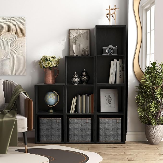 Homes: Inside + Out Apexa 3-Cube Storage Organizer Shelves, Stackable Wood Bookcase Fits Cubby Bins for Organization, Dorm Teen Room Decor & Home Office, Black