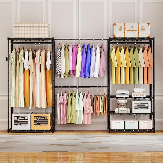 ecobedding Heavy Duty Garment Rack, 1000LBS Max Load Freestanding Closet Organizer with 6 Storage Shelves & 3 Adjustable Hanging Rods, Multifunctional, Glossy Black, 15.75" D x 70-88.5" W x 76.5" H