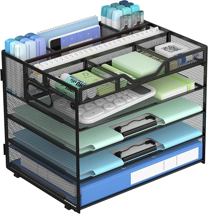 Docnest 5 Tier Mesh Desk Organizer with Removable Tray&Pen Holder, Black | Features 3 detachable pen holders and 4 removable dividers.Versatile mesh desktop storage for mail, document,office supplie