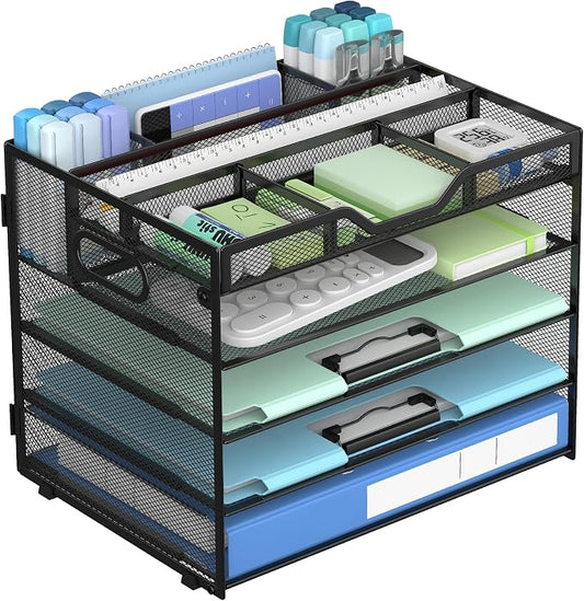 Docnest 5 Tier Mesh Desk Organizer with Removable Tray&Pen Holder, Black | Features 3 detachable pen holders and 4 removable dividers.Versatile mesh desktop storage for mail, document,office supplie