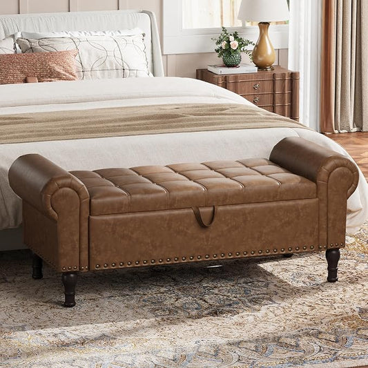 YOUDENOVA 51" Entryway Bench with Storage, PU Leather End of Bed Bench with Tufted Button, Upholstered Ottoman Bench with Rolled Arms for Living Room, Storage Room, Bedroom, Brown