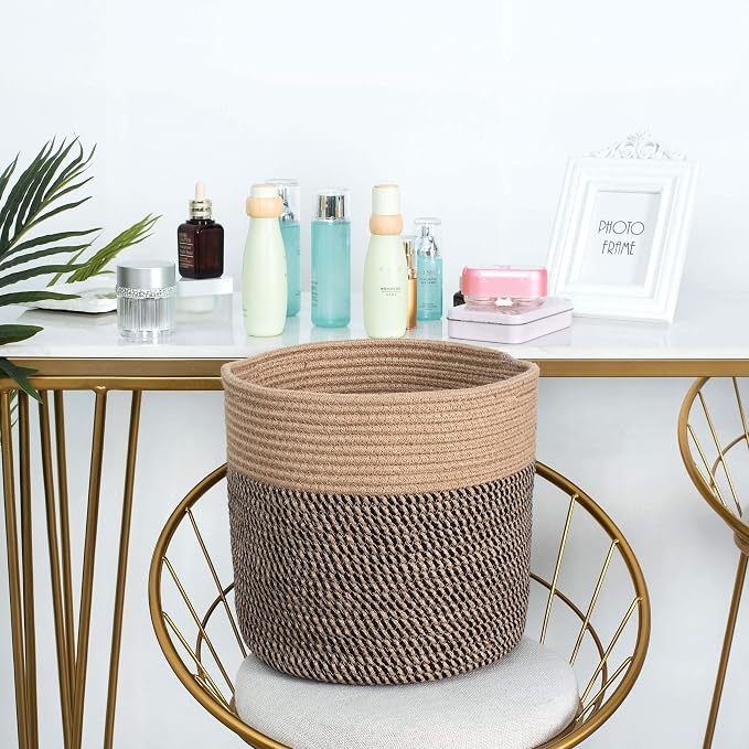 11 x 11 Inches Cotton Rope Basket for Flower Pot and Indoor Floor Planters, Decorative Round Woven Plant Pot Basket, Planter Covers, Small Dog Toy Storage Baskets, Black