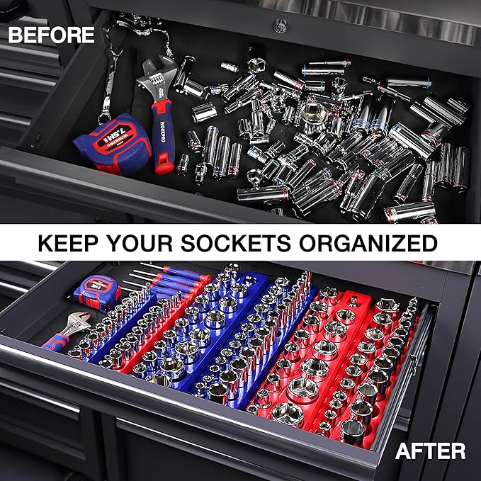 WORKPRO Magnetic Socket Organizer Set, 4-Piece Metric SAE Socket Holder Set | 1/4", 3/8", Drive Socket Trays, Holds 108-Piece Sockets, Suitable for Standard and Deep Sockets, Sockets not Included