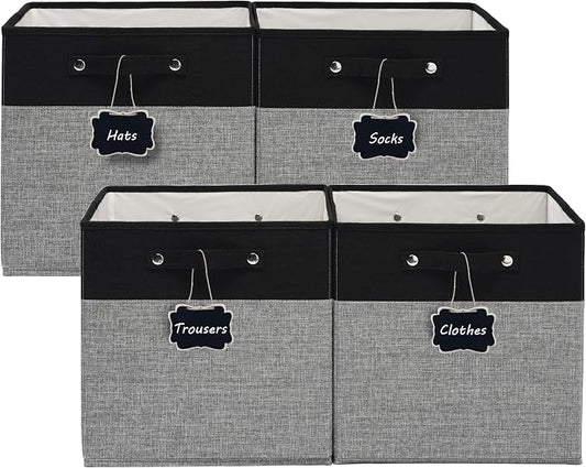 FinishingBo 13 inch Cube Storage Bins with Handles 4 Pack | Foldable Linen Storage Baskets, Closet Organizers, Shelf Baskets, Black Grey