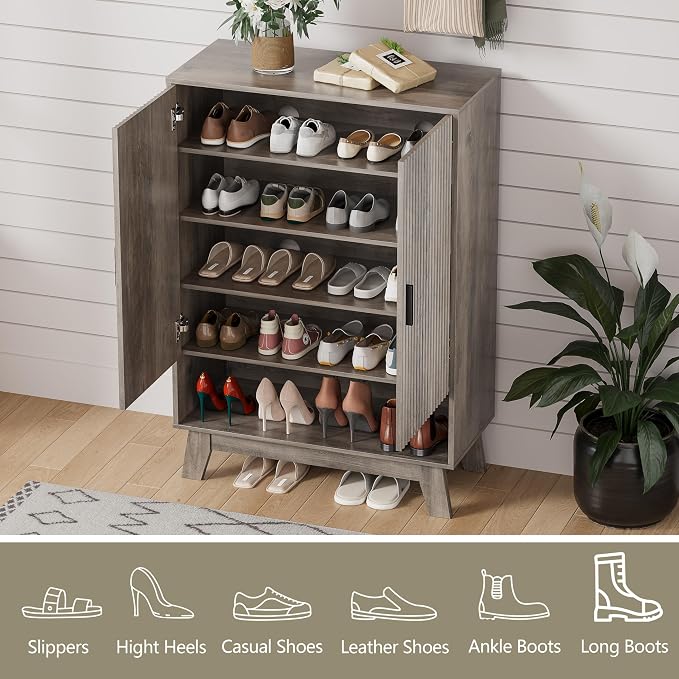 HUANLEGO Shoe Cabinet Storage for Entryway with Doors, Grey | 5 Tier Fluted Shoe Organizer with Adjustable Shelves, Shoe Storage with Wooden Legs, Freestanding Shoe Rack for Entryway