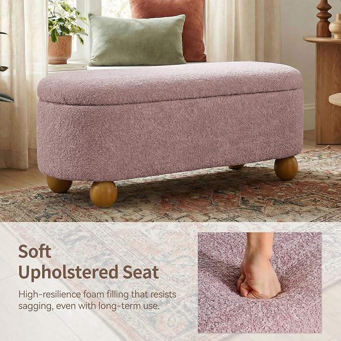 VKNOW 44.8" Storage Ottoman Bench End of Bed Bench with Hinge, Pink | Cute Spherical Solid Wood Stool Legs, Comfortable Fabric, No Assembly, Bedroom Living Room Entryway Dressing Areas