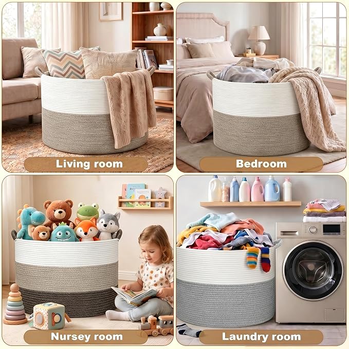 XXXL Large Blanket Basket for Living Room, 21.7" x 13.8" Woven Cotton Rope Laundry Hamper for Pillows, Towels & Toy Storage - Decorative Round Storage Basket with Handles for Nursery, Baby & Dog Toys