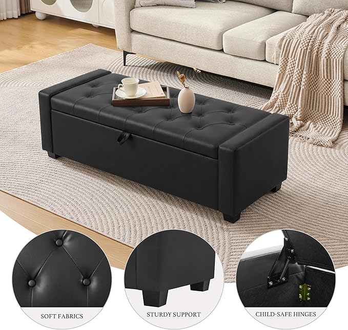 Huatean Home 48" Ottoman with Storage, Light Black Storage Ottoman Bench | Upholstered Entryway Bench with Seating for Bedroom, Living Room with Safety Hinge, Holds up to 330 lb