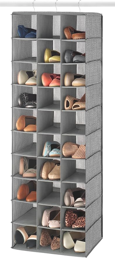 Whitmor 30 Sections Hanging Clothes Closet Shoe Organizer, Space Saving Breathable Fabric Shoe Storage for Bedroom, Laundry, Dorm, Crosshatch Gray