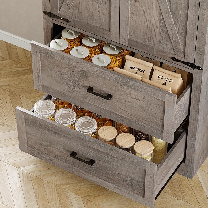BORNOON Pantry Organizers and Storage Cabinet, 71” Barn Door White Kitchen Cabinet with Drawers and Adjustable Shelf, Tall Pantry for Kitchen, Dining Room, Living Room. Bathroom and Office