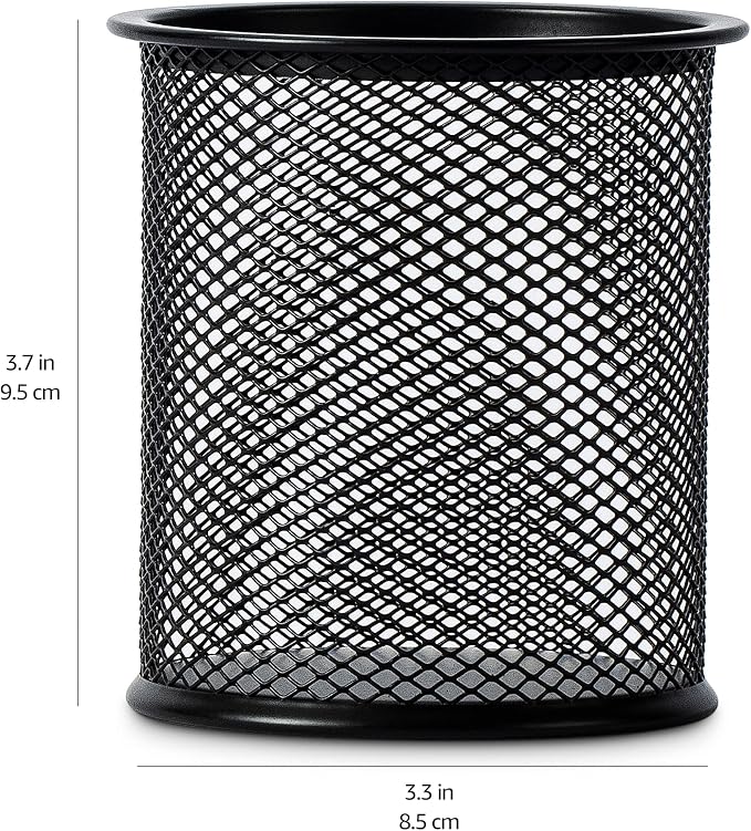Amazon Basics Wire Mesh Pen Holder, Pencil Cup Desk Organizer for Stationery, Scissors, Office Caddy Storage, 3.7" x 3.3", Black