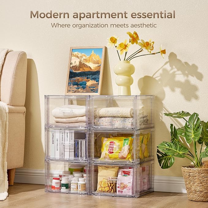 Vtopmart 4 Pack Clear Stackable Storage Drawers 15QT, Easily Assemble Closet Organizers,Plastic Storage Bins for Bathroom,Cabinet,Kitchen Pantry,Under Sink Organization(Medium)