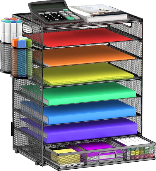8 Tier Paper Letter Tray Organizer (Black-with Drawer,Pen Holders) | Mesh Desk File Holder Storage Organization for Home School Classroom & Office