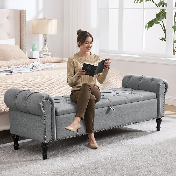 67 Inch Storage Bench for Bedroom, Linen End of Bed Bench, King Size Bench with Rolled Arms, Upholstered Tufted Button Storage Ottoman Benches, Living Room, Entryway, Oyster Grey