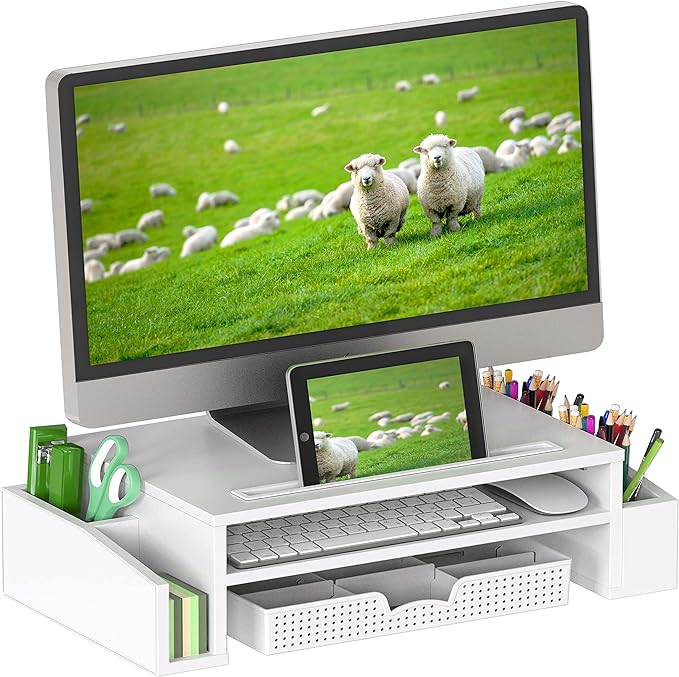 Simple Houseware Desk Monitor Stand Riser w/ Adjustable Tray, White | Built-In Tablet Slot and Side Storage