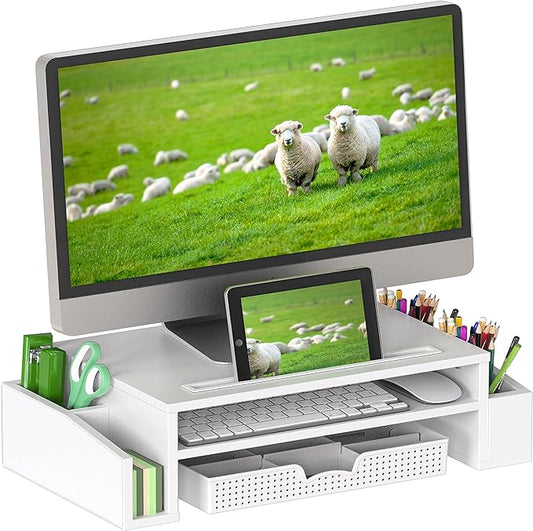 Simple Houseware Desk Monitor Stand Riser w/ Adjustable Tray, White | Built-In Tablet Slot and Side Storage