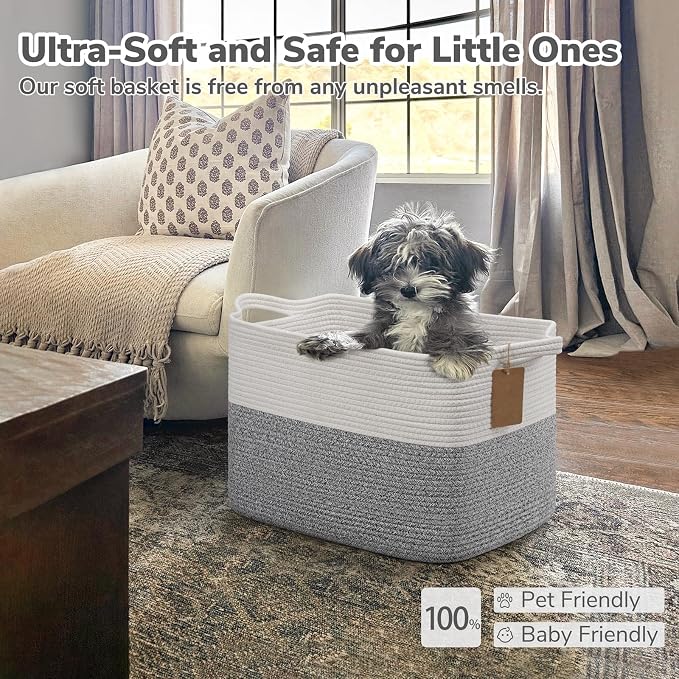 Goodpick Woven Storage Basket with Handles, Cotton Rope, Light Gray | 50L, 18 x 14 x 12 in, Rectangle, Blankets, Toys & Home Essentials Storage, Living Room, Bedroom & Nursery Organization
