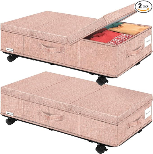 Supowin Under Bed Storage with Wheels, 2Pack Rolling Underbed Storage | 7.3 Inches Tall Under the Bed Container with Lids, Reinforced Handle, Reinforced Metal Bottom Support, 360° Rotating Wheels