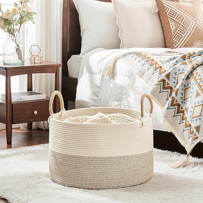 KAKAMAY Large Blanket Basket with Handles, Storage Basket for Living Room | Extra Large Capacity | Natural Cotton Rope | Blanket Storage | Woven Storage Basket | Stuffed Animal Storage | Laundry Basket