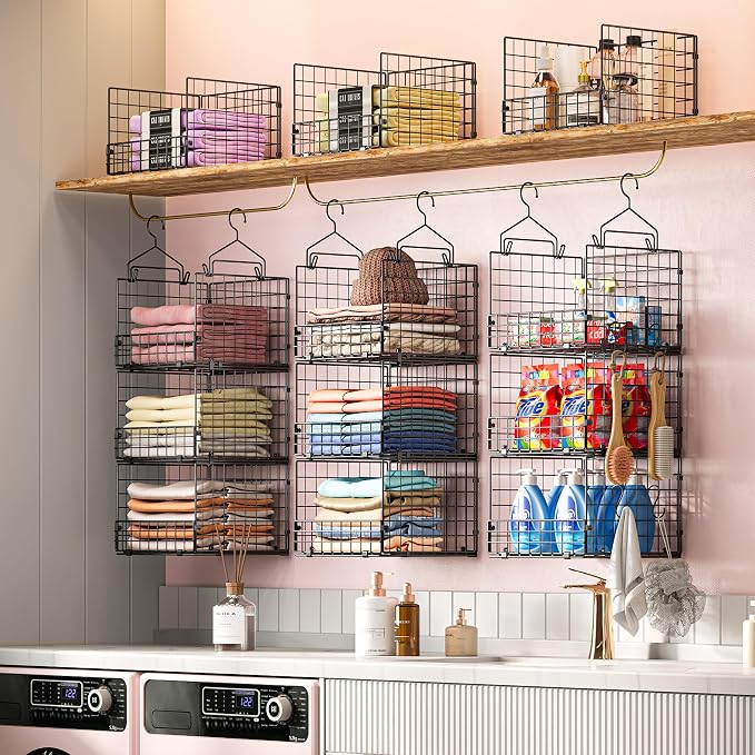 Sonyabecca 3-Tier Hanging Closet Organizers and Storage, Foldable Stackable Wire Basket Bins with 5 S Hooks, Space-Saving Hanging Closet Shelf for Clothing, Sweaters, Handbags, Hats,Purse