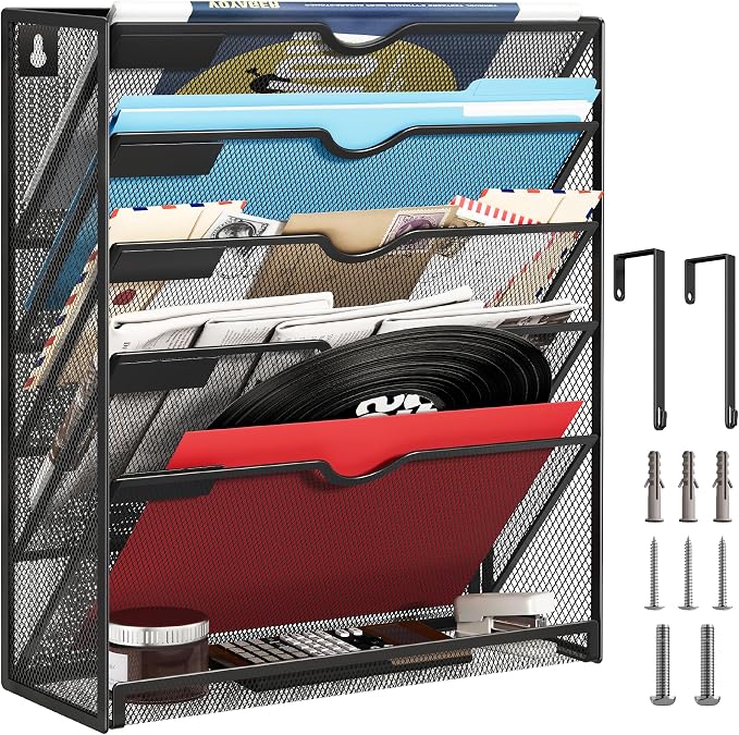 Lavatino 6-Tier Mesh Hanging Wall File Organizer with Hooks – No Installation Needed, Paper Mail Organizer Wall-Mounted File & Magazine folder Holder for Office and Home (Black)