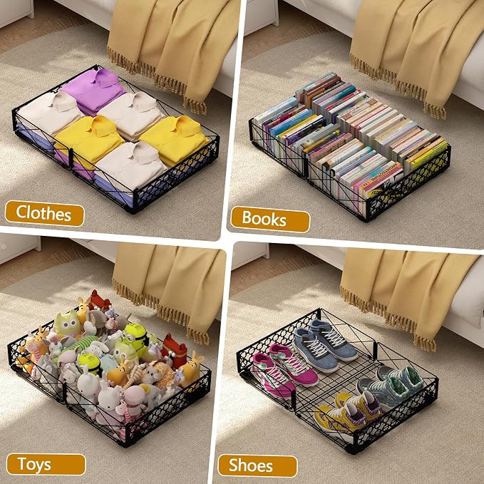 NADAMOO Under Bed Storage with Wheels, Low Profile Rolling Organizer Bins | Ultra-low 5.4" Height, 360° Swivel Casters, Strong Metal Containers Hold Shoes, Clothing, Toys, Dorm & Home Use, 1 Pack