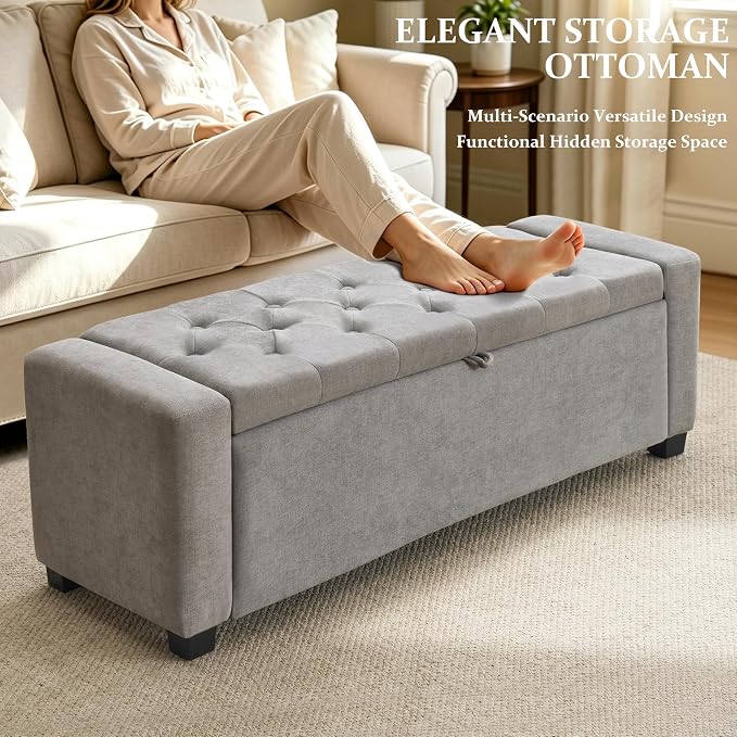 Royal Windsor 48" Ottoman with Storage,Tufted Storage Bench with Safety Hinge,Holds up to 350 lb,Upholstered Bench with Seating for Bedroom,Living Room,Entryway,Linen Light Gray