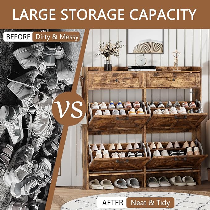Shoe Cabinet with 4 Flip Drawers & 2 Top Drawers, 43" Tall Freestanding Narrow Wooden Shoe Storage Organizer for Entryway, Hidden Slim Shoe Rack for Front Door Entrance, Hallway, Living Room, Brown