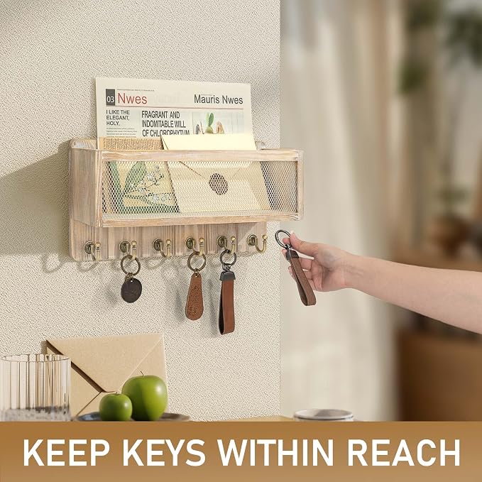 Rebee Vision Key Holder Wall Mount with Mail Basket for Home, Natural Wood | Pine Wood, Key Holder for Wall, 6 Key Hooks, Mail Organizer, Stores Letters and Sunglasses, Home Decor, Apartment Storage