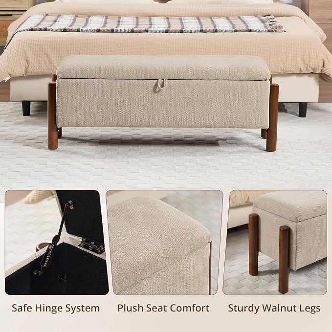 55'' Modern Storage Ottoman Benches | Walnut Wood Legs 26 Gallons Storage Space Fabric Upholstered Seating End of Bed for Bedroom Livingroom Khaki