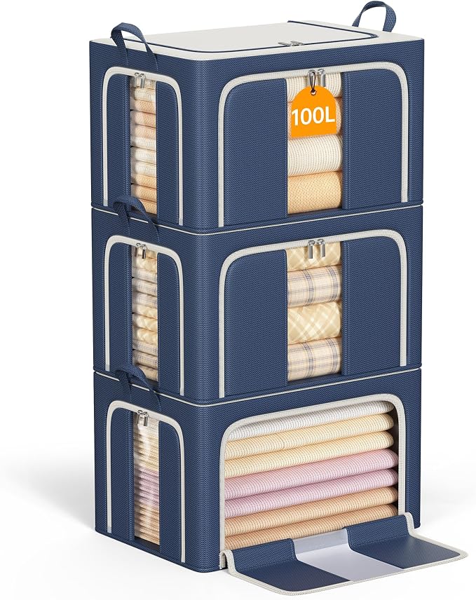3 Openings Clothes Storage Bins with Metal Frame，100L (navy blue) | Oxford-Gewebe