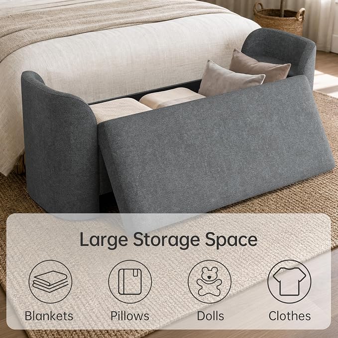 Usaint 58.3" Upholstered Storage Ottoman Bench with 2 Pillows, Charcoal | End of Bed Bench with Curved Arms and Thickened Seat Cushion for Bedroom, Livingroom, Window, Entryway and Dressing Areas