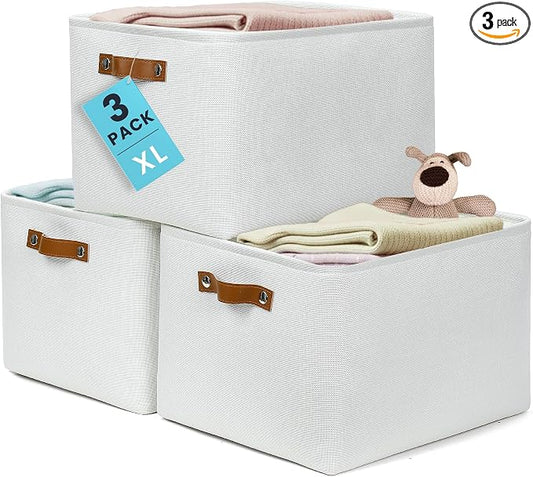 OrganiHaus 16x12.5in Storage Baskets, 3 Pack - Fabric Bins for Shelves | Vegan leather handles; a decorative linen closet organizer, towel and clothes container