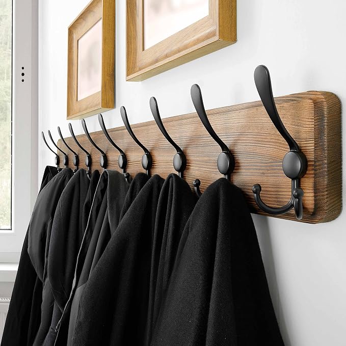 SKOLOO Rustic Coat Rack Wall Mount, 10 Hooks, 38.6'' Long, Solid Wood,Brown | Rustic finish, 100 lb capacity, entryway bedroom mudroom, wall mount, 16" stud spacing, hardware included, rustproof hooks