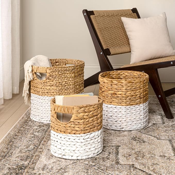 happimess Avery 3-Piece Cylinder Nesting Baskets 13", White/Natural | Hyacinth, Bohemian Cottage Style, Handwoven Wicker, Iron Metal Frame, Decorative Storage For Toys And Books, Built In Handles