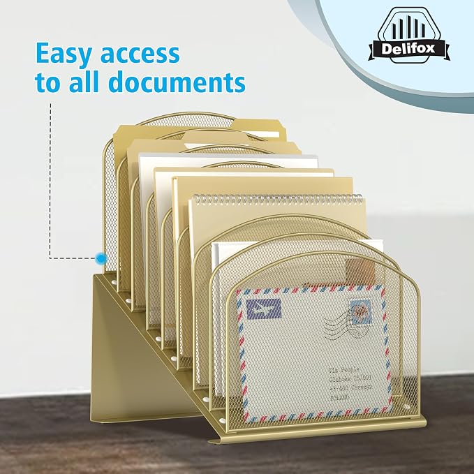 Inclined Desk File Organizer, 8-Section Upright Desk Organizer Standing File Sorter for Office Classroom Desktop Organization (Gold, 8)