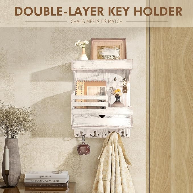 Rebee Vision Key Holder Wall Mount with Drawer for Home Decor, Whitewash | Pine Wood, Key Holder for Wall, 6 Rustic Hooks, Floating Shelf, Drawer Organizer, Mail Organizer, Chic Home Decor, Storage