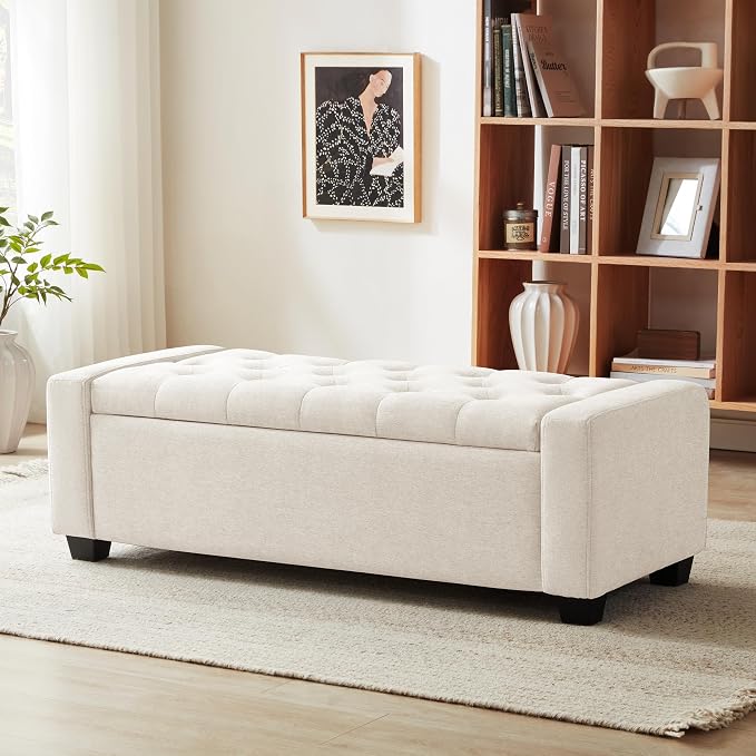 Huatean Home 48" Ottoman with Storage, Beige Storage Ottoman Bench | Upholstered Entryway Bench with Seating for Bedroom, Living Room, with Safety Hinge, Holds up to 330 lb