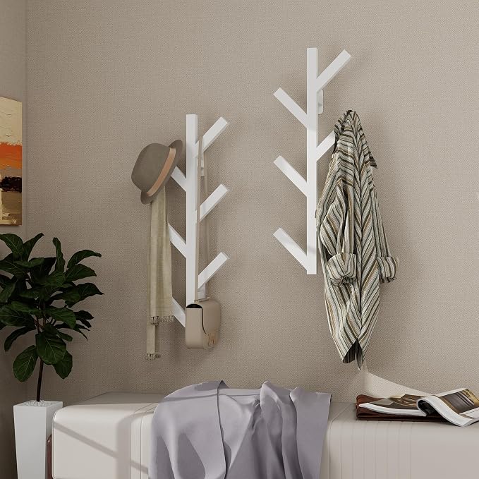 Vlush Wall Mounted Metal Coat Rack with 6 Hooks Modern Minimalist & Upright Coat Rack for Hanging Clothes, Hats, Hanging Bags and Scarves Entrance Wall Iron Coat Racks (White)