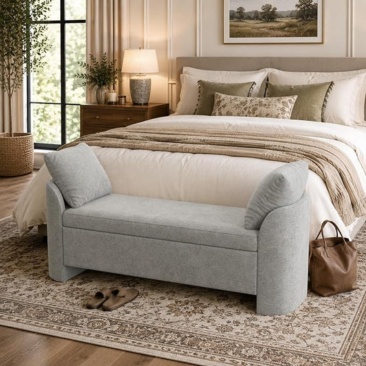 Usaint 58.3" Upholstered Storage Ottoman Bench with 2 Throw Pillows, Grey | End of Bed Bench with Curved Arms and Thickened Seat Cushion for Bedroom, Livingroom, Window, Entryway and Dressing Areas