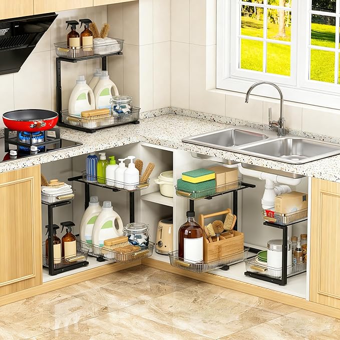 ARSTPEOE Under Sink Organizer - 2 Pack Multi-Purpose Pull-Out Storage Shelf | Slide out Pull out Cabinet Organizer Shelf, Storage for Kitchen Bathroom, Clear