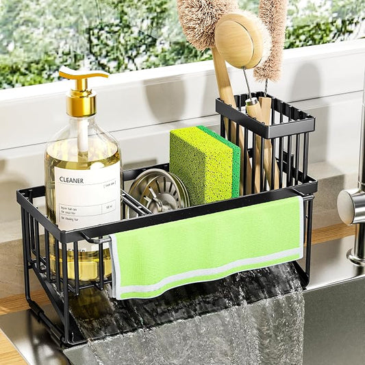 Cisily Kitchen Sink Caddy Organizer with High Brush Holder, Sponge Holder for Sink, 304 Rustproof Stainless Steel, Countertop Soap Dispenser Organizer, Black with Towel Rack, 9.25