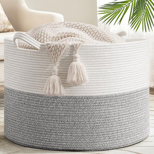 Goodpick Extra Large Woven Blanket Basket Living Room, Toy Bin,115L | 23.5 x 23.5 x 15.8 In Toy Storage Basket for Nursery, Blanket Basket for Living room, Laundry Basket, Light & Grey