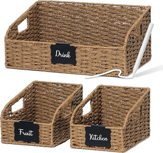 Pantry Organizers, Large Wicker Baskets for Shelves, Labeled Storage Baskets for Organizing with Handles - Paper Storage Bins for Shelves, 3 Pack, Brown