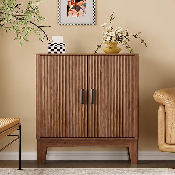 BORNOON Storage Cabinet with Doors and Adjustable Shelf, Modern Fluted Sideboard Buffet Cabinet, Freestanding Coffee Bar for Kitchen, Pantry, Entryway, Living Room