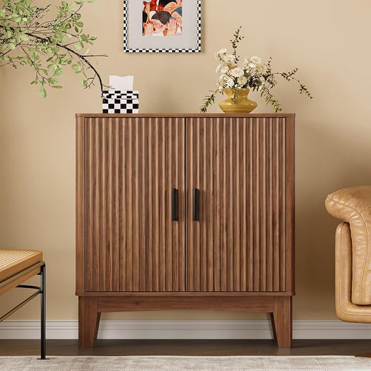 BORNOON Storage Cabinet with Doors and Adjustable Shelf, Modern Fluted Sideboard Buffet Cabinet, Freestanding Coffee Bar for Kitchen, Pantry, Entryway, Living Room