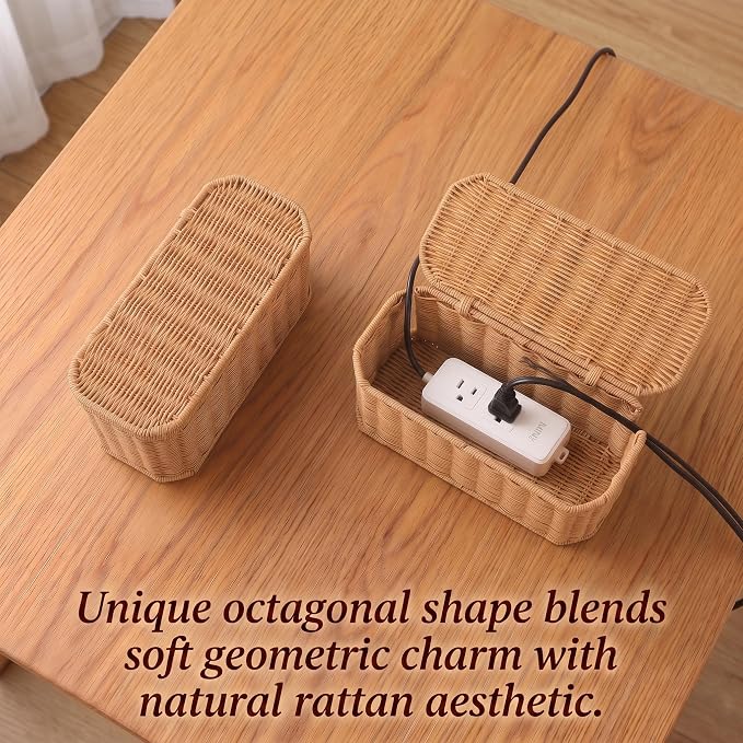 Small Cable Management Box, Mini Wicker Basket for Hiding Cords & Power Strips