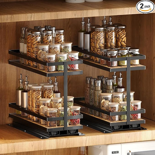 Pull Out Spice Rack 2Pcs Metal & Wood Seasoning Organizer Black | No-Drill Install | Full-Extension Silent Glide | Each Tier Holds 10–12 Standard Spice Bottles | Rustproof, Wipe-Clean Surface