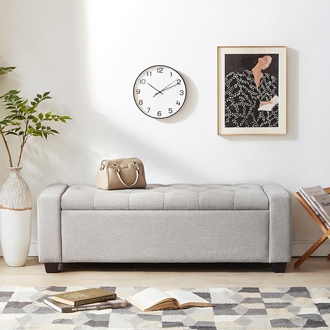 Huatean Home 48" Ottoman with Storage, Light Gray Storage Ottoman Bench | Upholstered Entryway Bench with Seating for Bedroom, Living Room, with Safety Hinge, Holds up to 330 lb